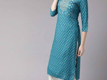 Yufta Women Teal Blue & Golden Printed Kurta with Trouser Online Sale