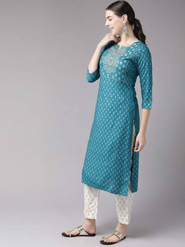 Yufta Women Teal Blue & Golden Printed Kurta with Trouser Online Sale