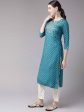 Yufta Women Teal Blue & Golden Printed Kurta with Trouser Online Sale