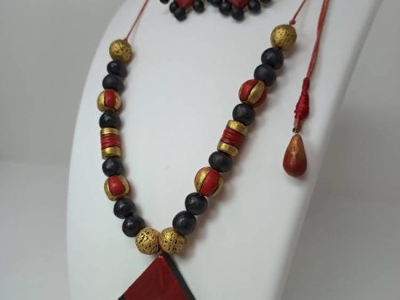 Terracotta Boho Style Diamond Pendant Medium Necklace Set With Hanging Flats-Dark Red Hot on Sale