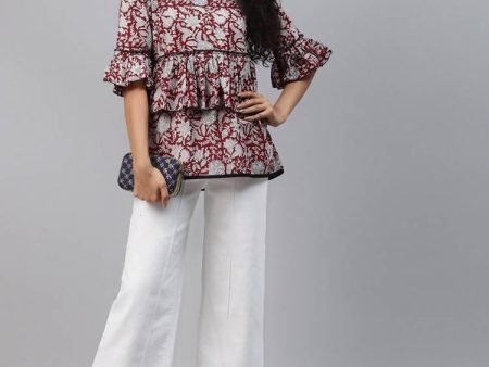 Yufta Women Red & White Bell Sleeve Layered Handblock Ethnic Motifs Print Regular Top Hot on Sale