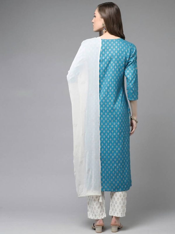 Yufta Women Teal Blue & Off-White Printed Kurta with Trouser & Dupatta Online Hot Sale