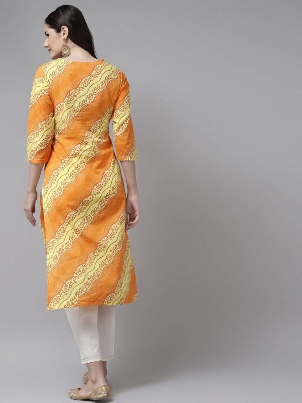 Yufta Women Yellow & White Bandhani Printed Kurta with Trouser Cheap