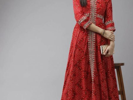 Yufta Women Red Bandhani Printed Kurta on Sale