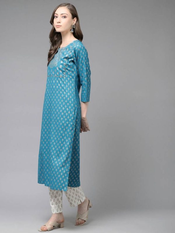 Yufta Women Teal Blue & Off-White Printed Kurta with Trouser & Dupatta Online Hot Sale