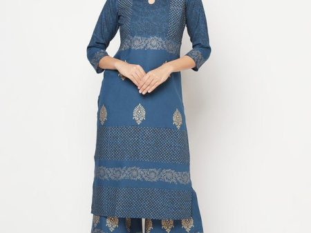 Aniyah Rayon Block Print Blue Straight Kurta Palazzo Set For Cheap