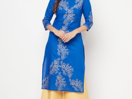 Aniyah Cotton Foil Print Royal Blue Straight Kurta Fashion