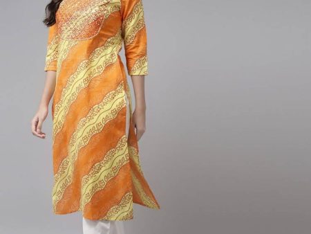 Yufta Women Yellow & White Bandhani Printed Kurta with Trouser Cheap