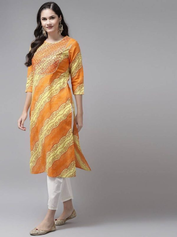 Yufta Women Yellow & White Bandhani Printed Kurta with Trouser Cheap