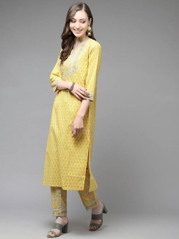 Yufta Yellow and Blue printed kurta with Trouser and Dupatta Online