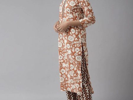 Yufta Brown & Off White Floral Print Kurta with Trousers and Dupatta Set Supply