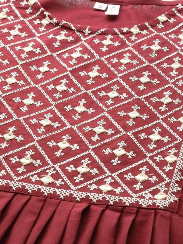 Yufta Women Rust Red & White Embroidered Mirror Work Yoke Design Cotton A-Line Dress For Discount