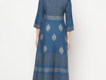 Aniyah Rayon Block Print Blue Anarkali Kurta For Discount