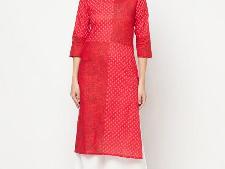 Aniyah Cotton Block Print Red Color Straight Kurta Online