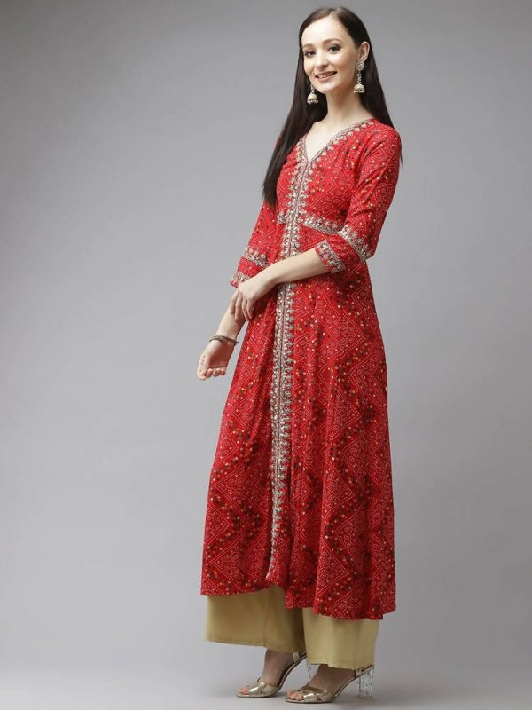 Yufta Women Red Bandhani Printed Kurta on Sale