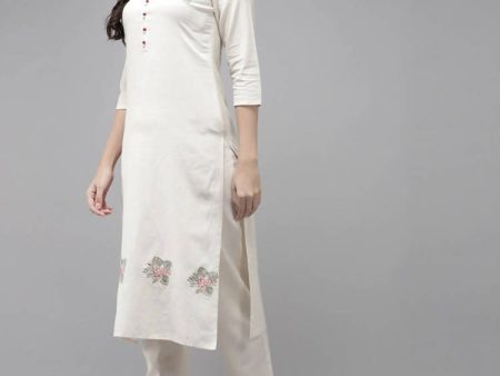 Yufta Women White Ethnic Motifs Printed Thread Work Kurta with Trouser & With Dupatta For Discount