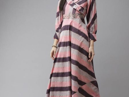 Yufta Women Purple & Multicoloured A-Line Striped Kurta For Sale