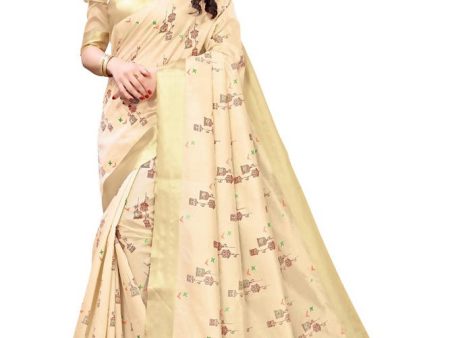 Vamika Cream Color Cotton Polyester Silk Weaving Saree For Discount