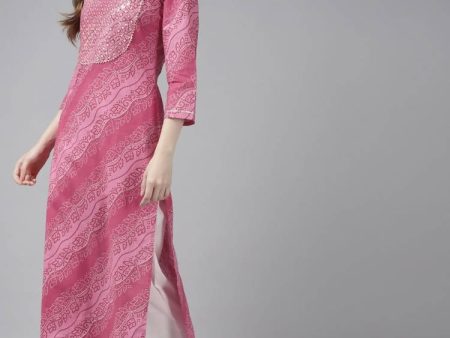 Yufta Women Pink Bandhani Yoke Design Pure Cotton Kurta with Palazzo and Dupatta For Discount