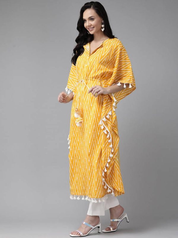 Yufta Women Yellow & Off white Printed Kaftan Kurta For Cheap