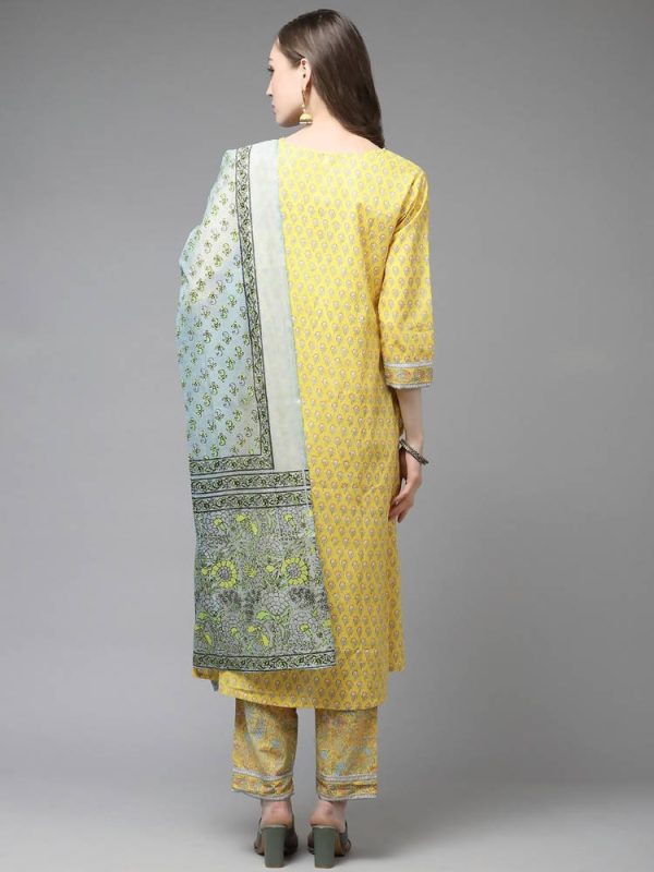 Yufta Yellow and Blue printed kurta with Trouser and Dupatta Online