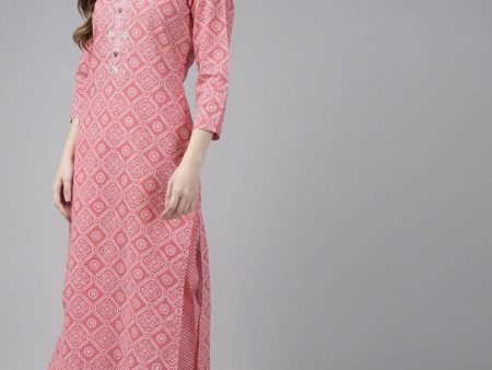 Yufta Women Pink Printed Regular Pure Cotton Kurta with Palazzo and Dupatta For Cheap