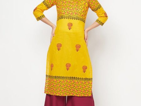 Aniyah Mustard Cotton Block Print Straight Kurta Sale