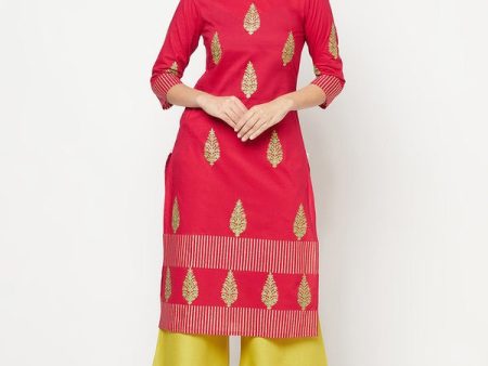 Aniyah Cotton Block Print Fuchsia Color Straight Kurta Online now