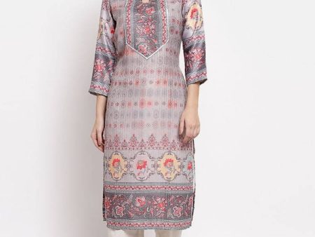 Myshka Women s Beautiful Multi Cotton Printed 3 4 Sleeve Round Neck Casual Kurta Sale