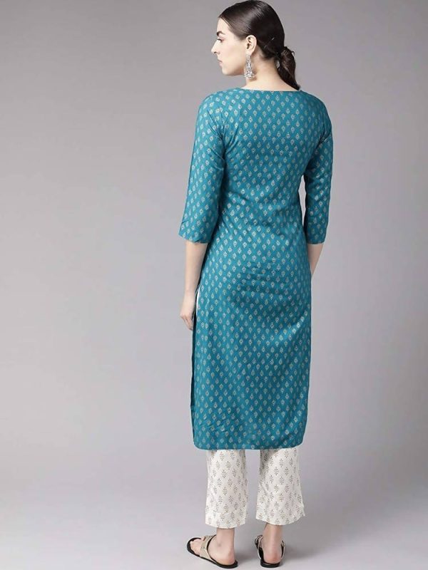 Yufta Women Teal Blue & Golden Printed Kurta with Trouser Online Sale